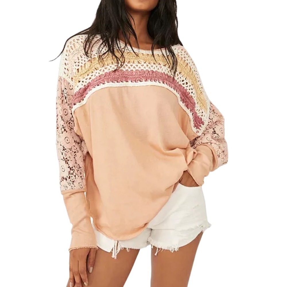 Free People High Hopes Cotton Crocheted-Yoke Lace-Sleeved Top Size Large